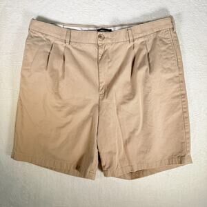 LANDS END Traditional Fit Men's 40" Tan Beige Khaki Pleated Chino Shorts Preppy